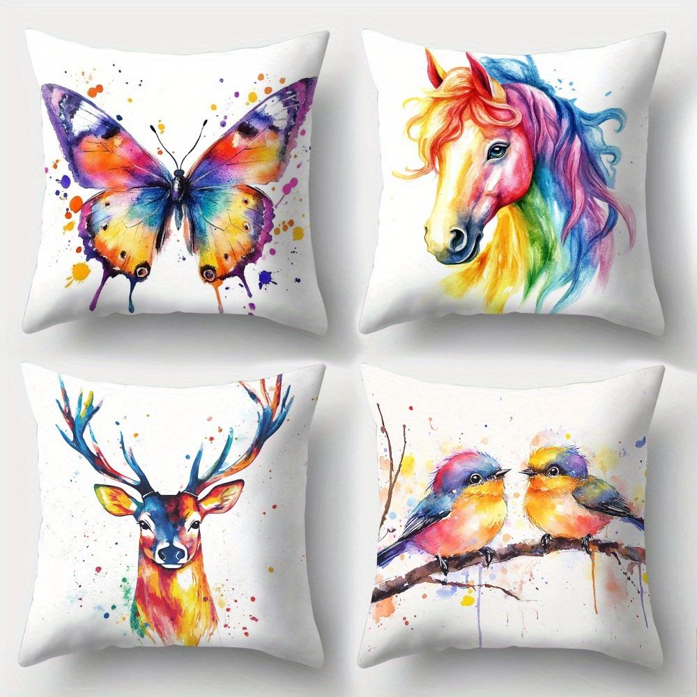 4Pcs Watercolor Rainbow Animal Throw Pillow Covers, Vibrant Butterfly Horse Deer Bird Print Cushion Cases, Artistic Home Decor