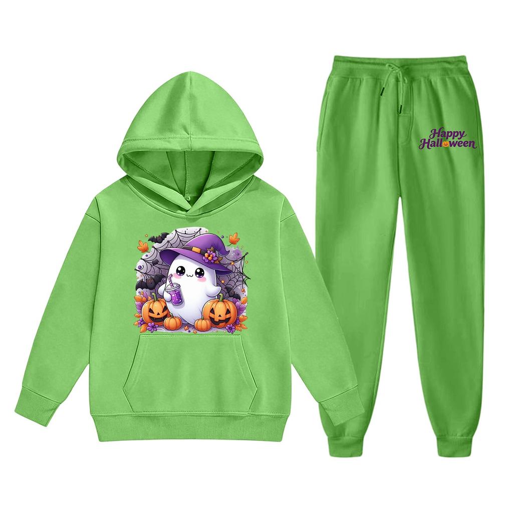 Kids Halloween Hoodie and Sweatpants Set Cute Ghost Print Pullover Hooded Sweatshirt and Matching Bottoms for Children Soft Comfortable Outfit