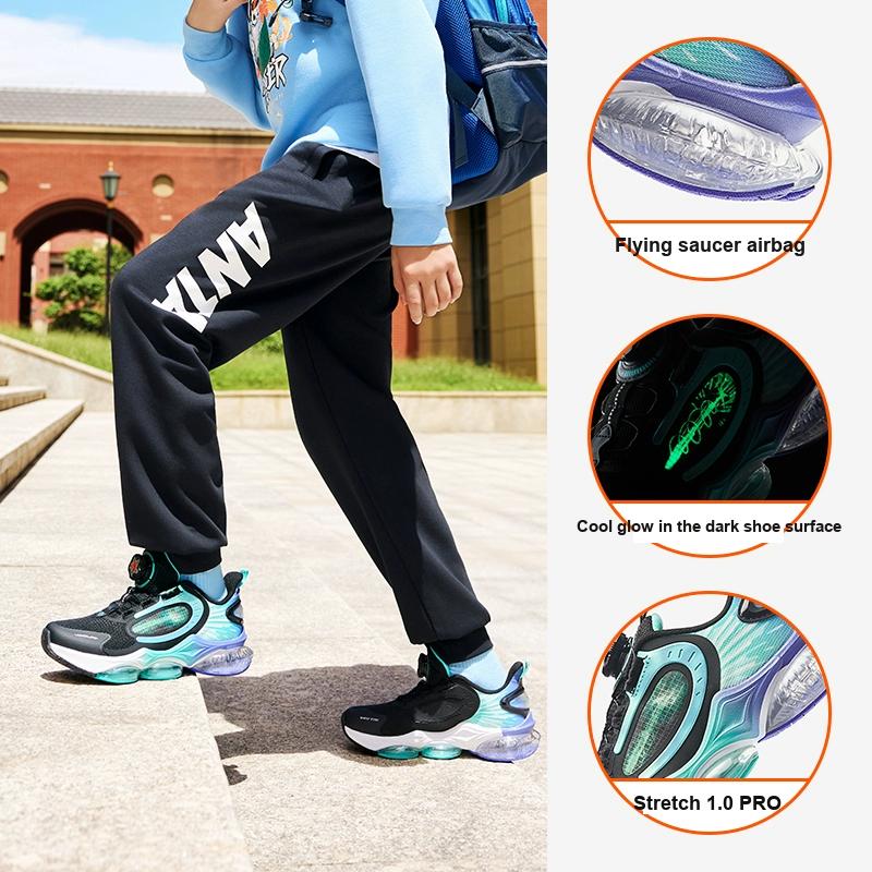 Anta Kids UFO 6.0 Leather Shock Absorbing Durable Rebound Low Top Running Shoes Kids Running Shoes Black Green 312435583N-2