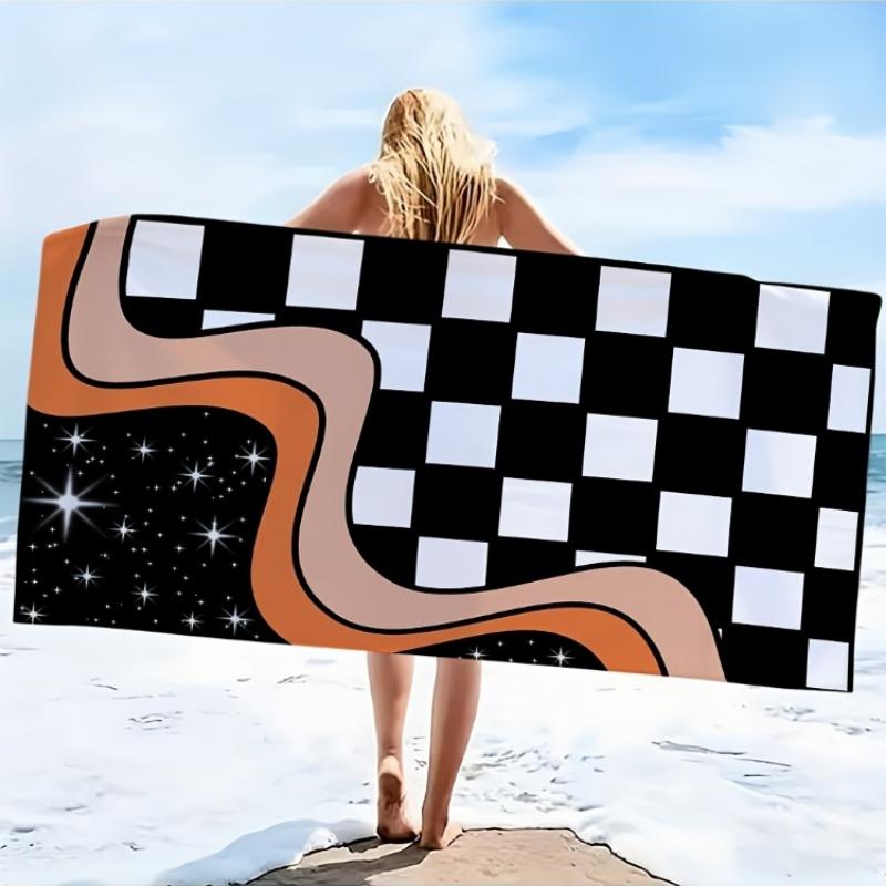 

2D Flat - 1pc Starry Sky and Checkerboard Wave Abstract Design Microfiber Beach Towel | Soft, Skin-Friendly, Non-Shedding W40*H60(CM)