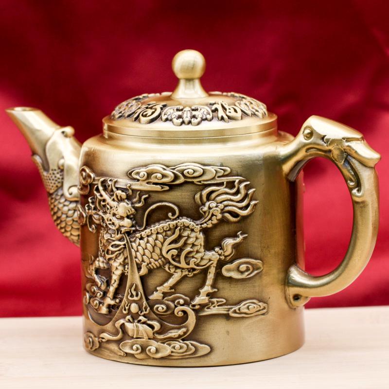 Kylin Hundred Blessings Copper Teapot Ornament for Home or Office