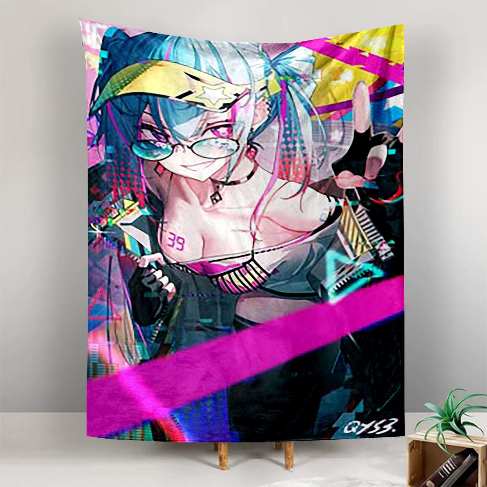 Futuristic Anime Girl in Neon Colors Patterned tapestry for bedroom and living room home decor