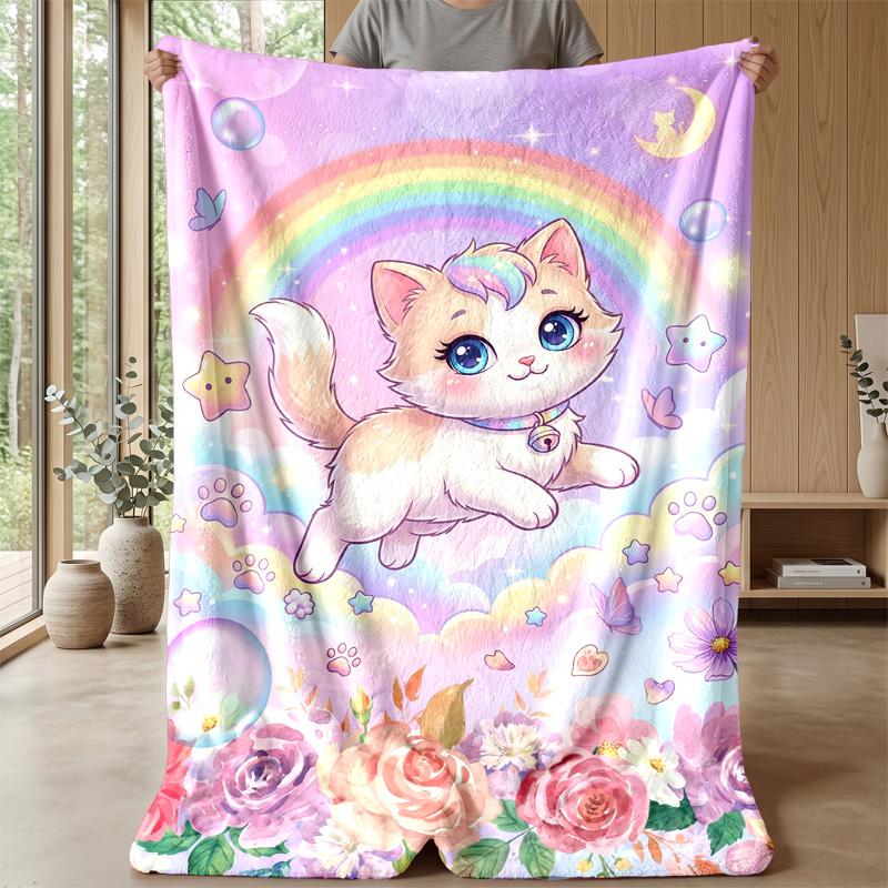 Rainbow Fantasy Cat Theme Blanket Lightweight Warm Flannel Blanket Decorative Throw Blanket for Home Decoration
