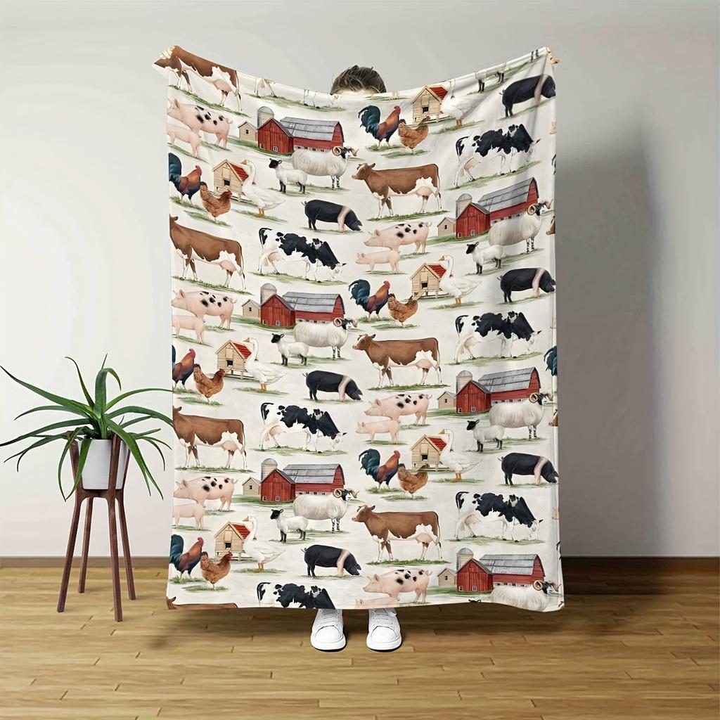 Cute Farm Animal Flannel Blanket - Soft Plush Rustic Style | Versatile for Home/Office/Camping/Sofa/Bed | Decor & Gift