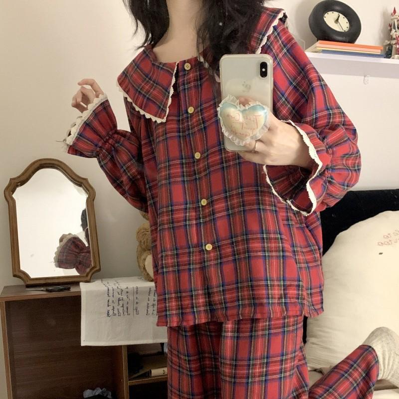 Christmas Red Plaid Lace Pajama Set: Large Lapel, Long Sleeve & Pants for Girls – Perfect for Autumn & Spring