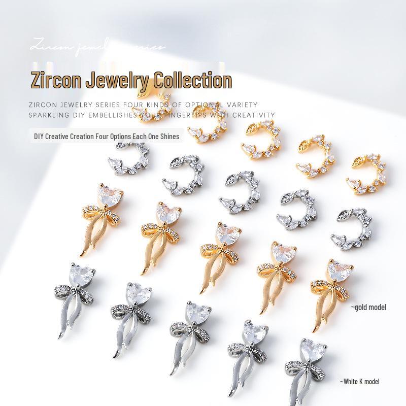 Gold & Silver Bow Heart Zircon Rhinestone Nail Art Jewelry