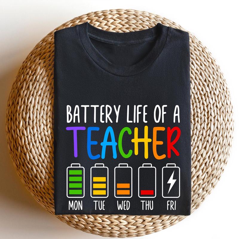 Funny Battery Life of A Teacher Women T-Shirt Casual Crew Neck Short Sleeve Teacher Life Graphi