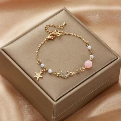 Korean Fashion Cute Star Moon Bracelets For Women Colorful Natural Stone Zircon Adjustable Pearl Chain Bracelet Wedding Jewelry