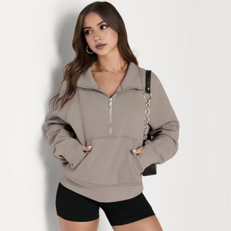 Thick Fall Winter Sweatshirt Casual Sport Top Loose Elastic Cuff Long Sleeves Half Zipper Turn Down Collar Big Pocket Pure Color Daily Wear