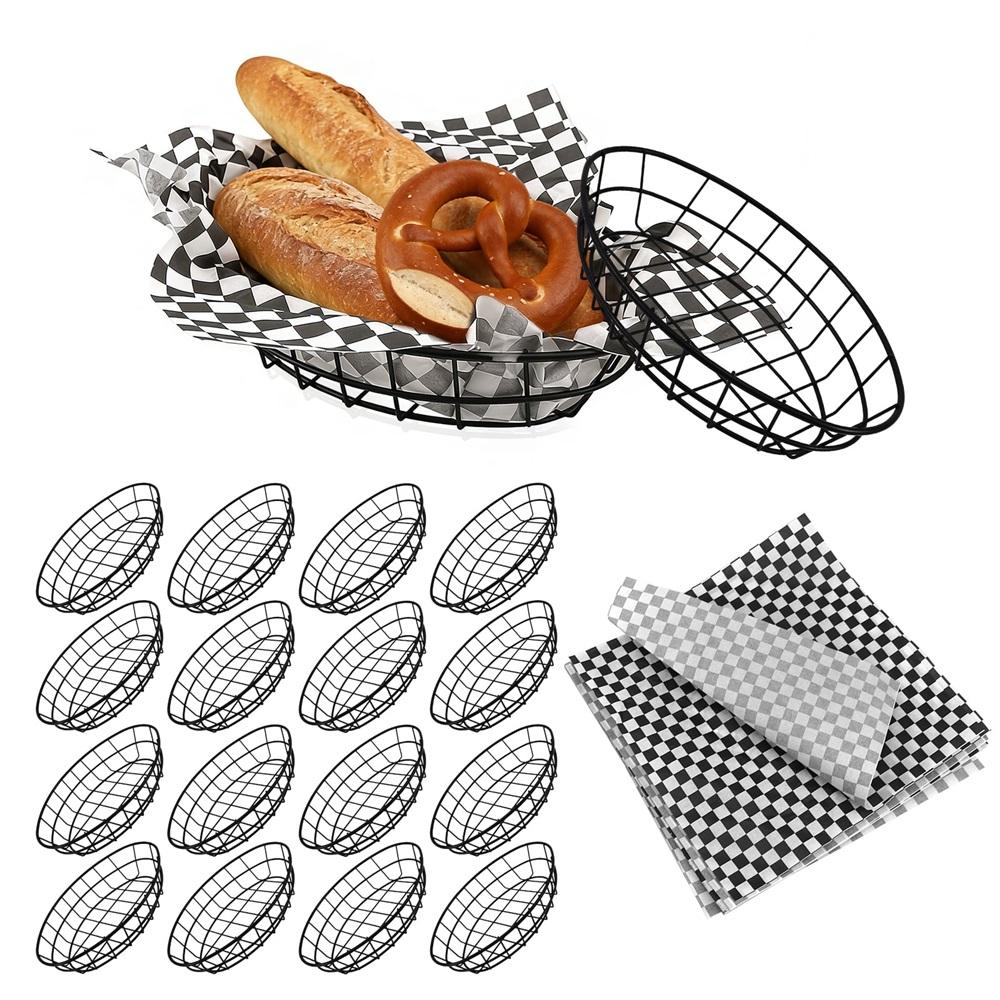 

12-piece set of black wire bread baskets with 100 sheets of checkered deli paper liner – 9.65 x 6.1 x 2.2 metal fast food tray