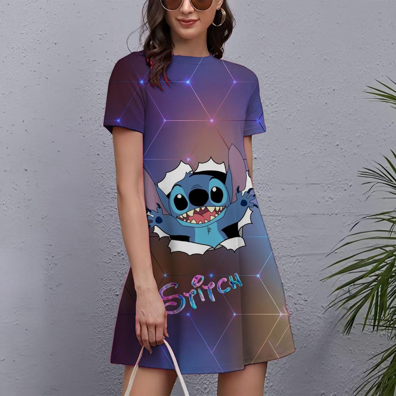 Šaty s potlačou Stitch pre ženy 2025 Nový rok Krátke rukávy O-výstrih Šaty Oversized Dámske Vianočné Zábavné Dámske Párty šaty L