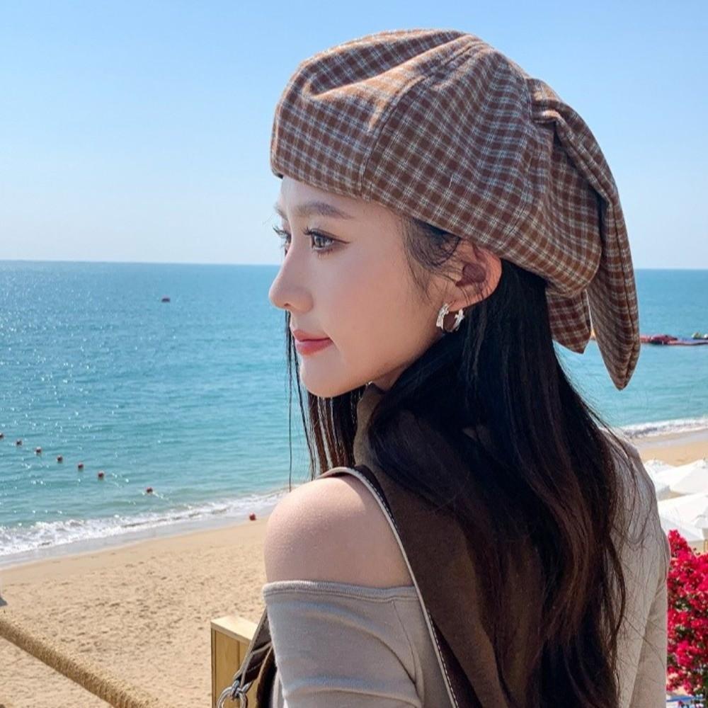 Versatile Plaid Beret Big Head Circumference Spring Painter Cap Cute Women Artist Hat Work