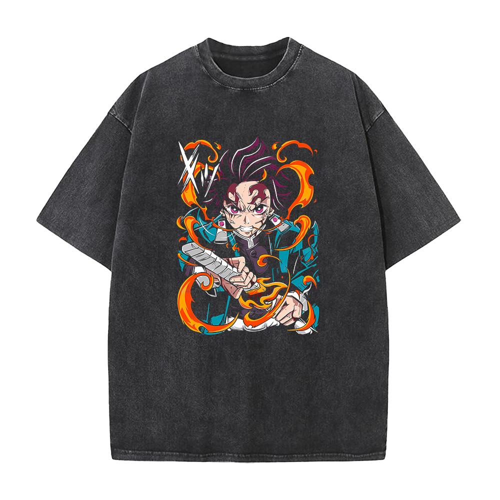 Hot Anime Demon Slayer Kamado Tanjirou Graphic Tee Men Manga Vintage T-shirts Washed Cotton T Shirt Harajuku Male Casual Tshirt