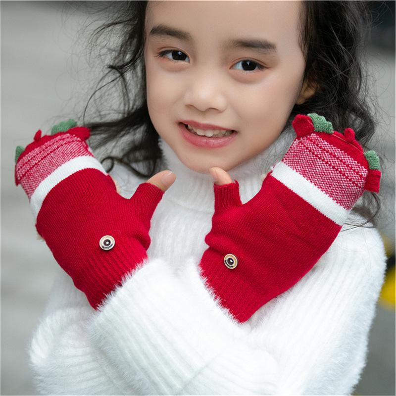 Children's Winter Cartoon Reindeer Flip-Top Half-Finger Gloves, Ages 4-10, Boys & Girls, Plus Velvet, Thick Cotton, Warm.