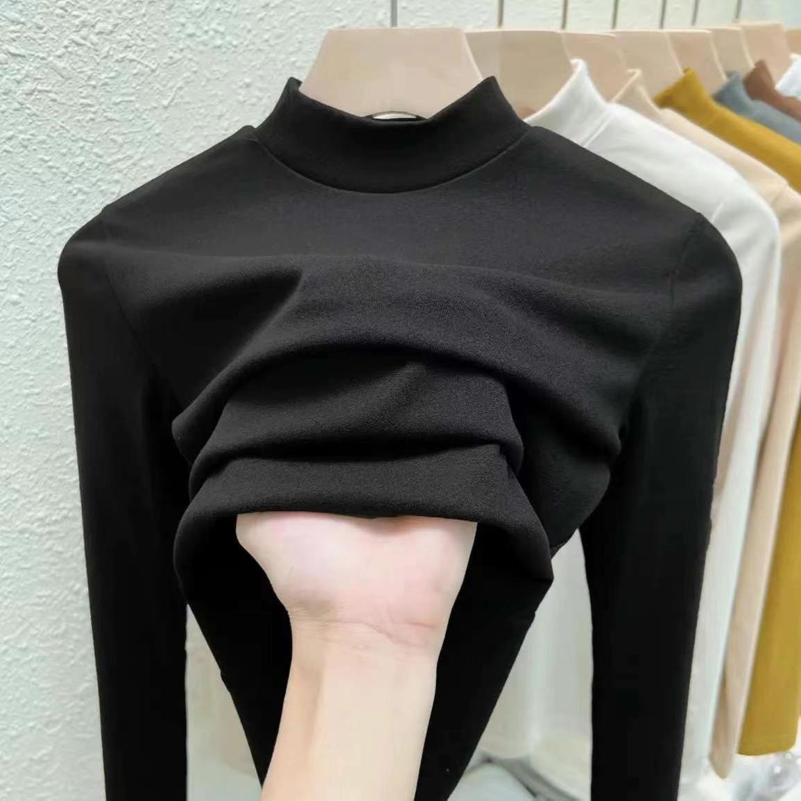 

Women s Autumn and Winter Half-High Neck Double-Sided German Fleece Base Layer Top Elastic Slim Fit Inner Wear Solid Color Brushed Thickened Top L чёрный