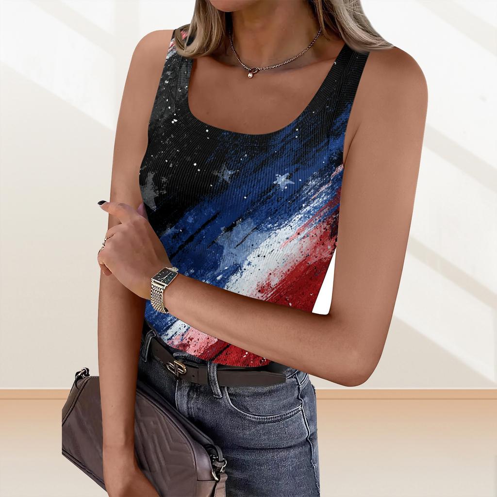 Women's Summer Fashionable Casual Independence Day Printed Round Neck Sleeveless Top Fitted Vest