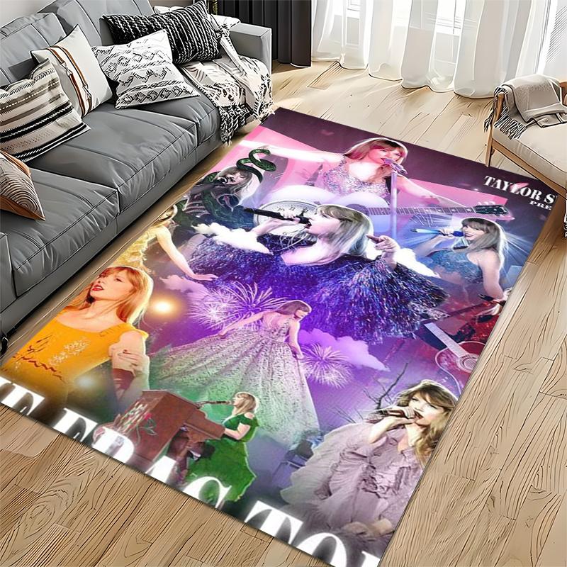 Pop Music Area Rug, Taylor Swift Eras Tour Purple Pink Firework Guitar Dress Print, Fan Room Decor, Non-Slip Mat