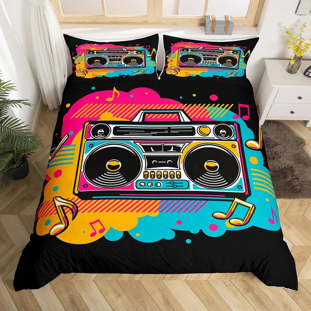 Cassette Tape Duvet Cover Twin Queen Vintage 80S 90S Memphis Comforter Cover Geometric Checkered Triangle Lightning Bedding Set