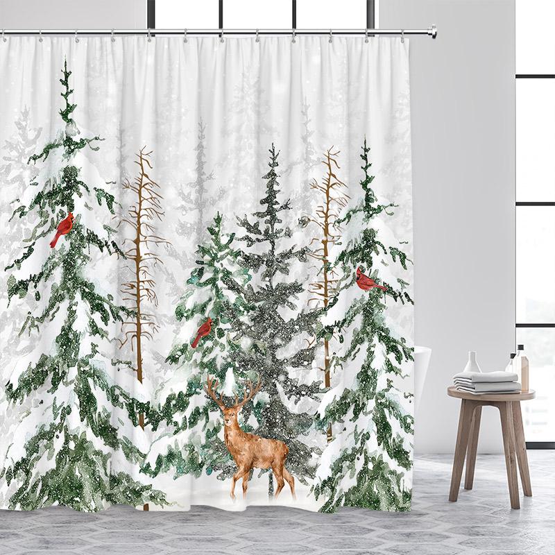 Blue Christmas Tree Shower Curtain Winter Snowflake Pine Trees New Year Christmas Bath Curtains Fabric Bathroom Decor With Hooks