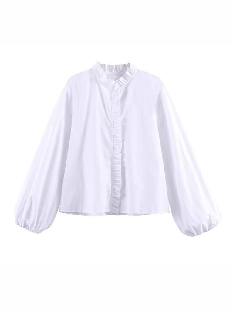 European Style 2026 Spring Stand Collar Long-Sleeve Layered Poplin Shirt
