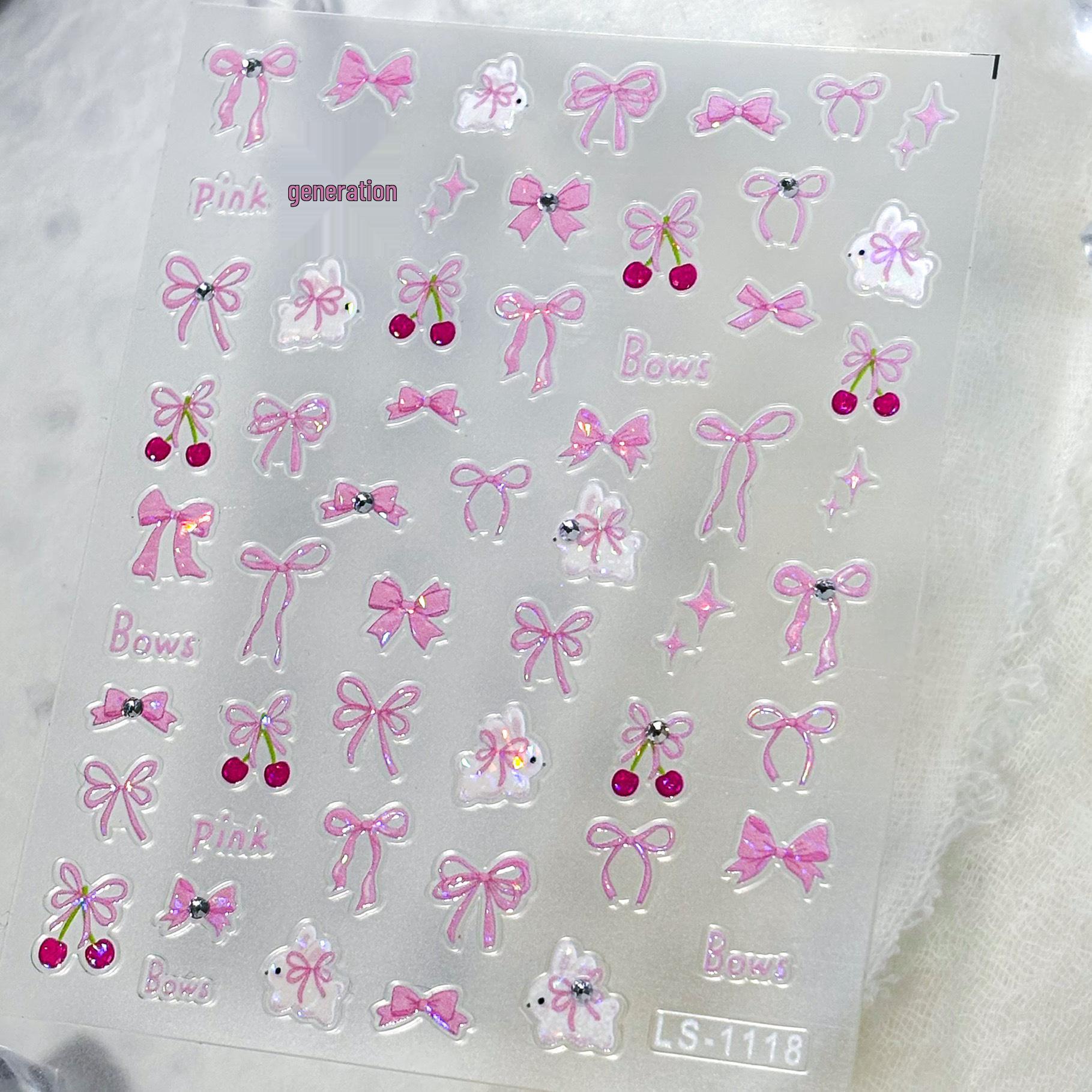 Blue Pink Petal Bow Crystal Diamond Nail Stickers - Japanese Style Nail Art Decorations