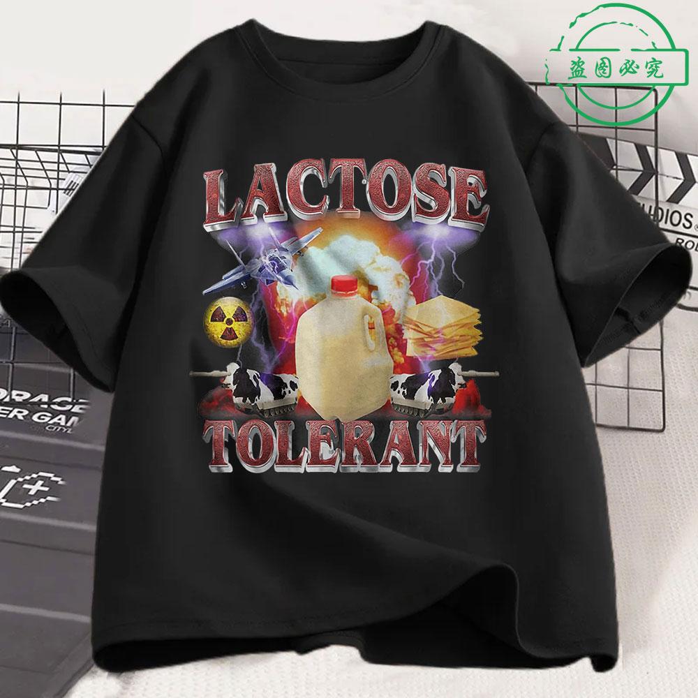 T-shirt Chat Drôle Intolérant au Lactose Unisexe Femme Mode Rétro Manches Courtes Coton Décontracté Confortable Oversize