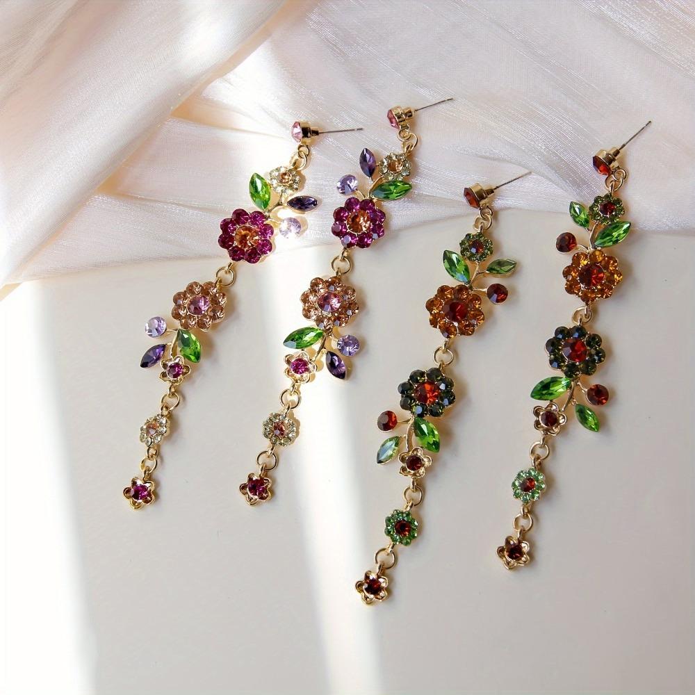 Exquisite flower design, fully artificial crystal inlay, long pendant earrings, elegant rural style, exquisite female gift