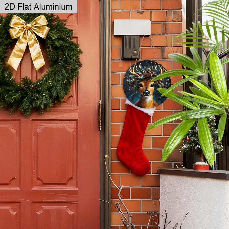 2D Flat Aluminium Christmas Sign with Elk Pattern - Navidad Figurine Ornaments - Ideal for Front Door, Wall, Porch, Fence Decor - Ideal Christmas