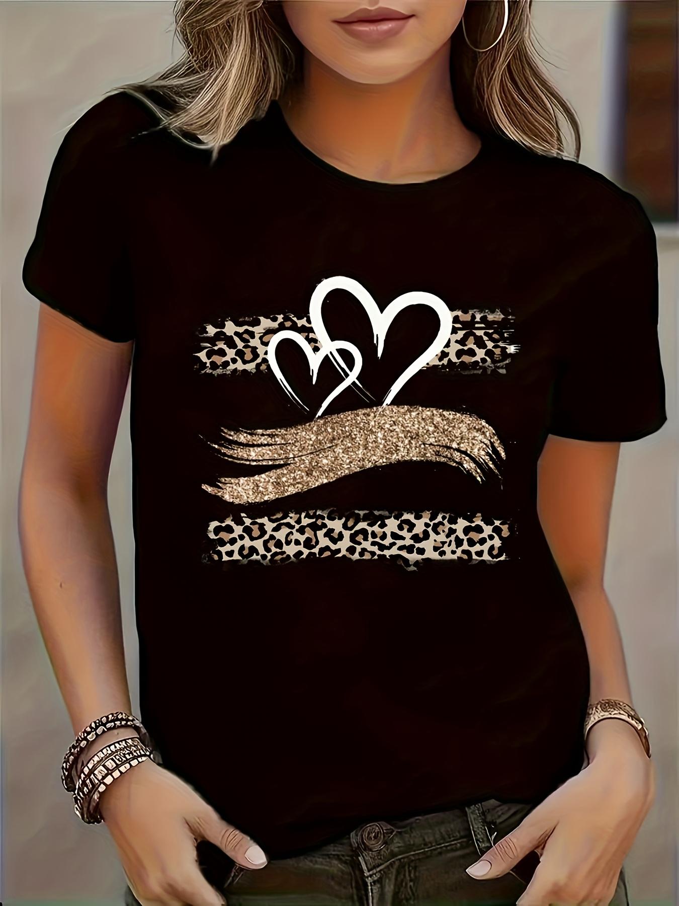 Women S Casual Crew Neck T-Shirt with Leopard Print Heart XXXL дубильная кора