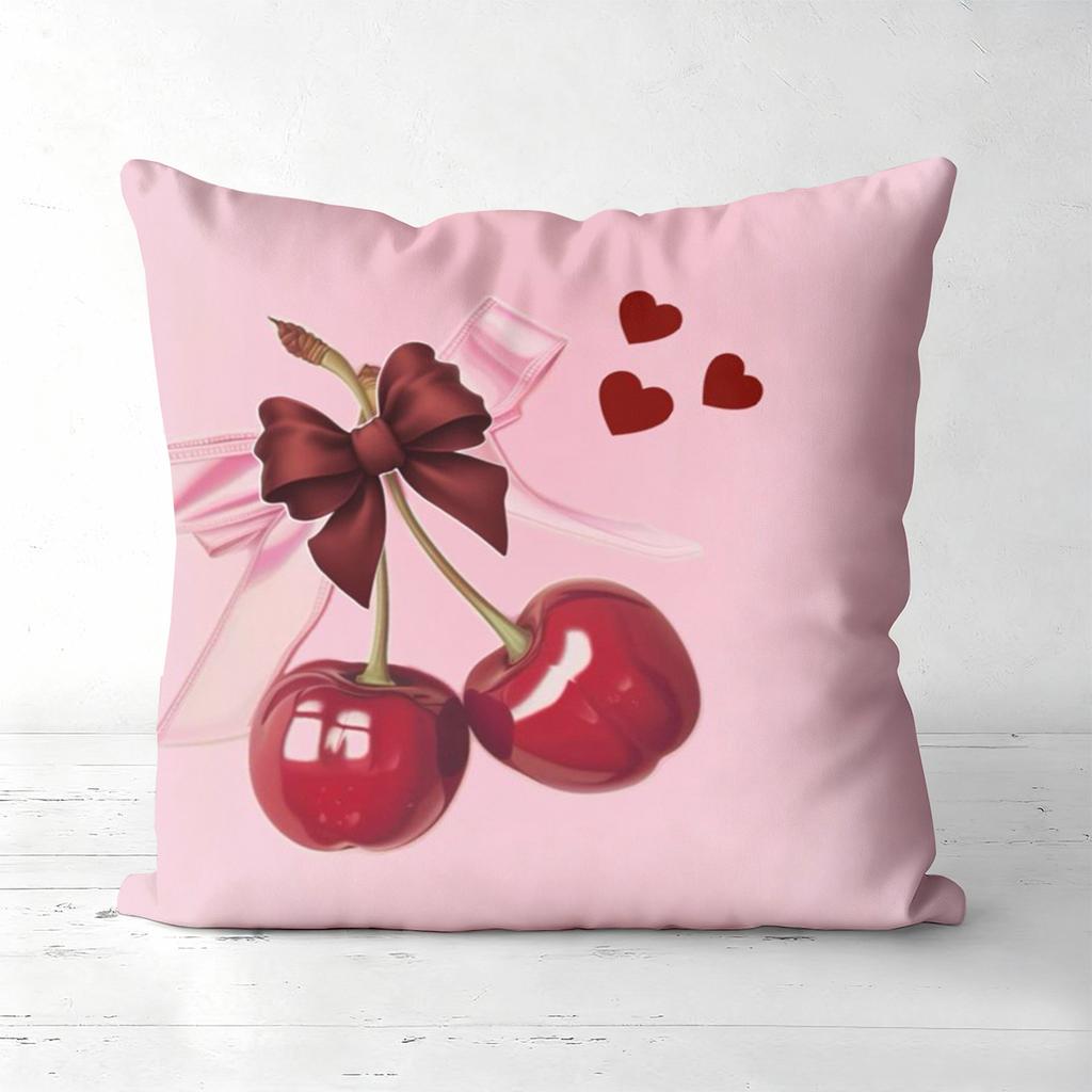 Pink Cherry Pillows With Bows Heart Pattern Polyester Pillowcase, Sofa Decorative Cushion Cov Headboard Pillow