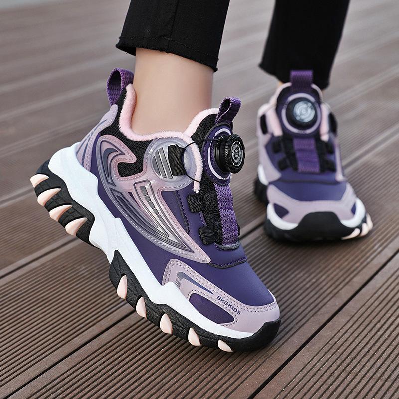 Waterproof Leather Boys' Sports Shoes with Rotating Button, Cotton and Velvet Lining, for Teens and Big Kids
