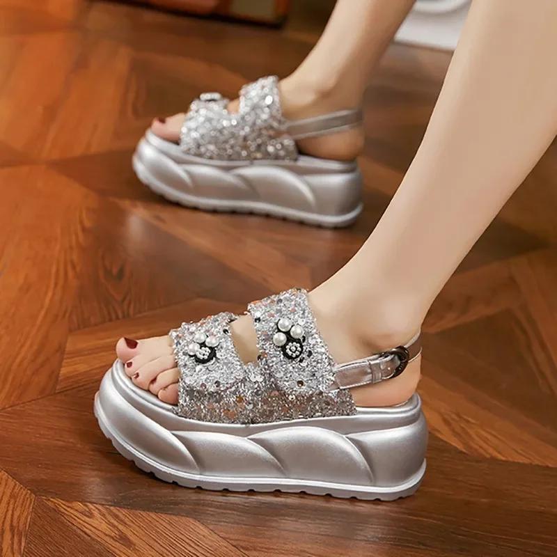 Fashion High Quality 7.5cm Synthetic Women Casual High Brand Peep Toe Shoes Fashion Slippers Platform Wedge Sandals Summer Bling Hollow