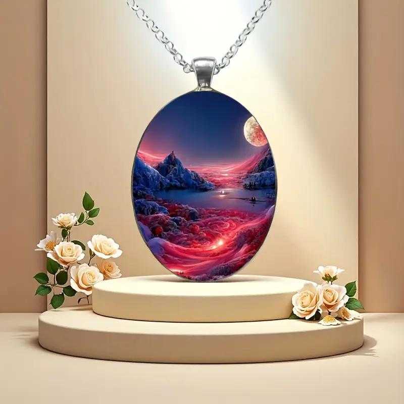 Stylish and Beautiful Exotic Night Scene Pattern Oval Alloy Pendant Stainless Steel Necklace