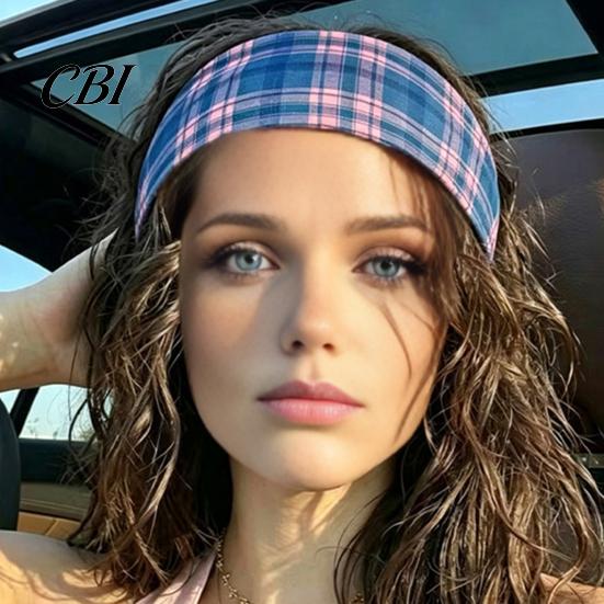 Exercise Sweat Wicking Band American Retro Style Headband, Plaid Print Stretchy Hair Band, Wide Fitness Headband Bundle Design Hot Girl Casual