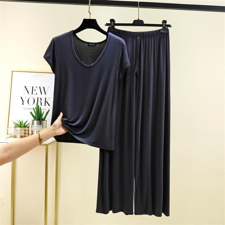 

Модальный комплект с U-образным вырезом, короткими рукавами, завязкой на талии, брюками с высокой посадкой и широкими штанинами. Летний тонкий повседневный комплект больших размеров. 6XL