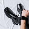 men's casual genuine leather shoes lace-up derby shoe square toe platform sneakers business wedding dress black stylish footwear