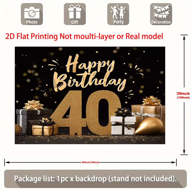 2D Black Gold Glitter 40th Birthday Backdrop Home Party Celebration Photo Background