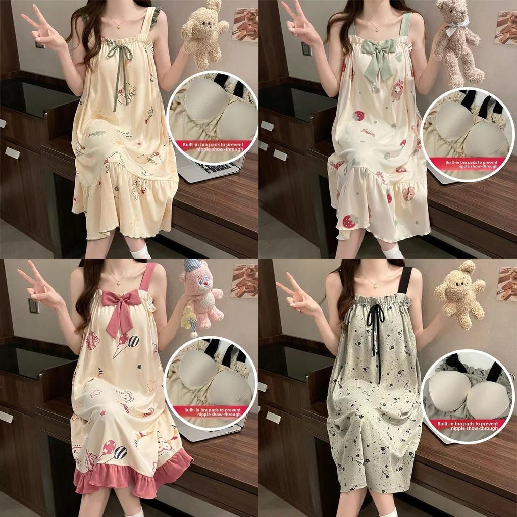 Summer Girls Sleeveless Nightgown With Comfortable Milk Silk And Flower Pattern For Lounge