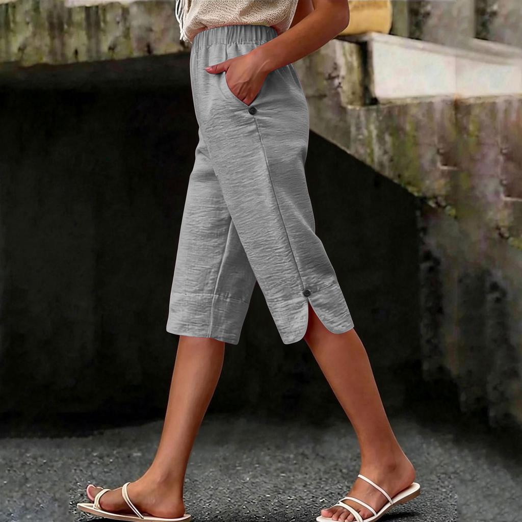 Pantaloni Caprid da Donna Vita Alta Casual Estivi con Tasca Laterale
