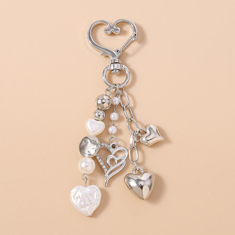 Cute Imitation Pearl Keychain Metal Love Heart Bow Pendant Keyrings For Women Car Key Holder Handbag Key Chains Diy Gifts