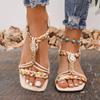 Fashion Fashion Flower Beaded Bohemian Sandals Women Square Toe Printing Braided Flat Sandals Woman 2025 Summer Comfortable Beach Shoes