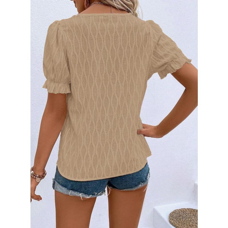 Spring and Summer New Style V-neck T-shirt Puff Sleeves Jacquard Women's Casual Loose Short-sleeved Women's Clothing