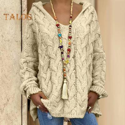 Women Sweater Hooded Long Sleeve Twist Texture Oversized Sweater Solid Color Loose Fit Ribbed Cuffs Knitting Tops