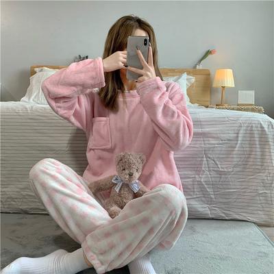 2025 Women's Pajamas Two-piece Suit  Autumn and Winter Coral Velvet   Solid Color Plus Velvet Thickening Sweet Flannel Warm Home Set