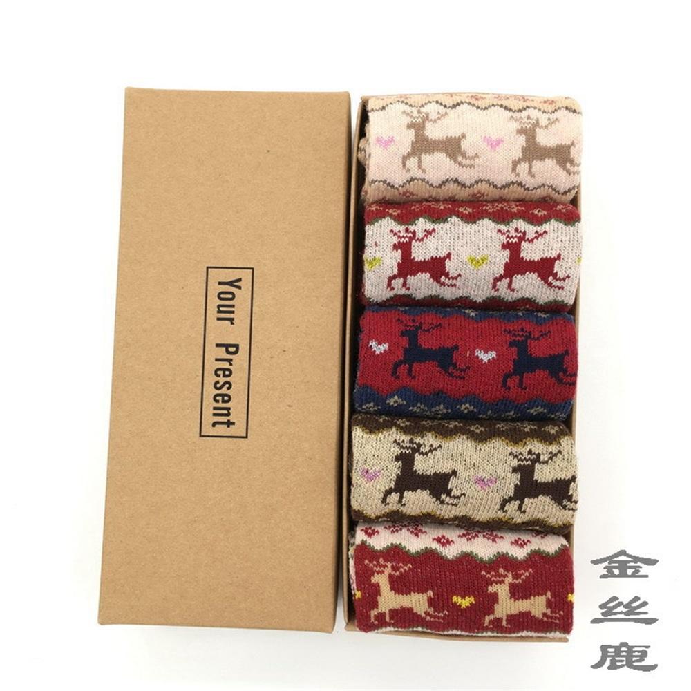 

5 пар женских шерстяных носков, зимние рождественские носки, теплые носки из золотого шелка с оленями для женщин, подарочная коробка, повседневные носки средней длины Rabbit Wool Socks Gift Box