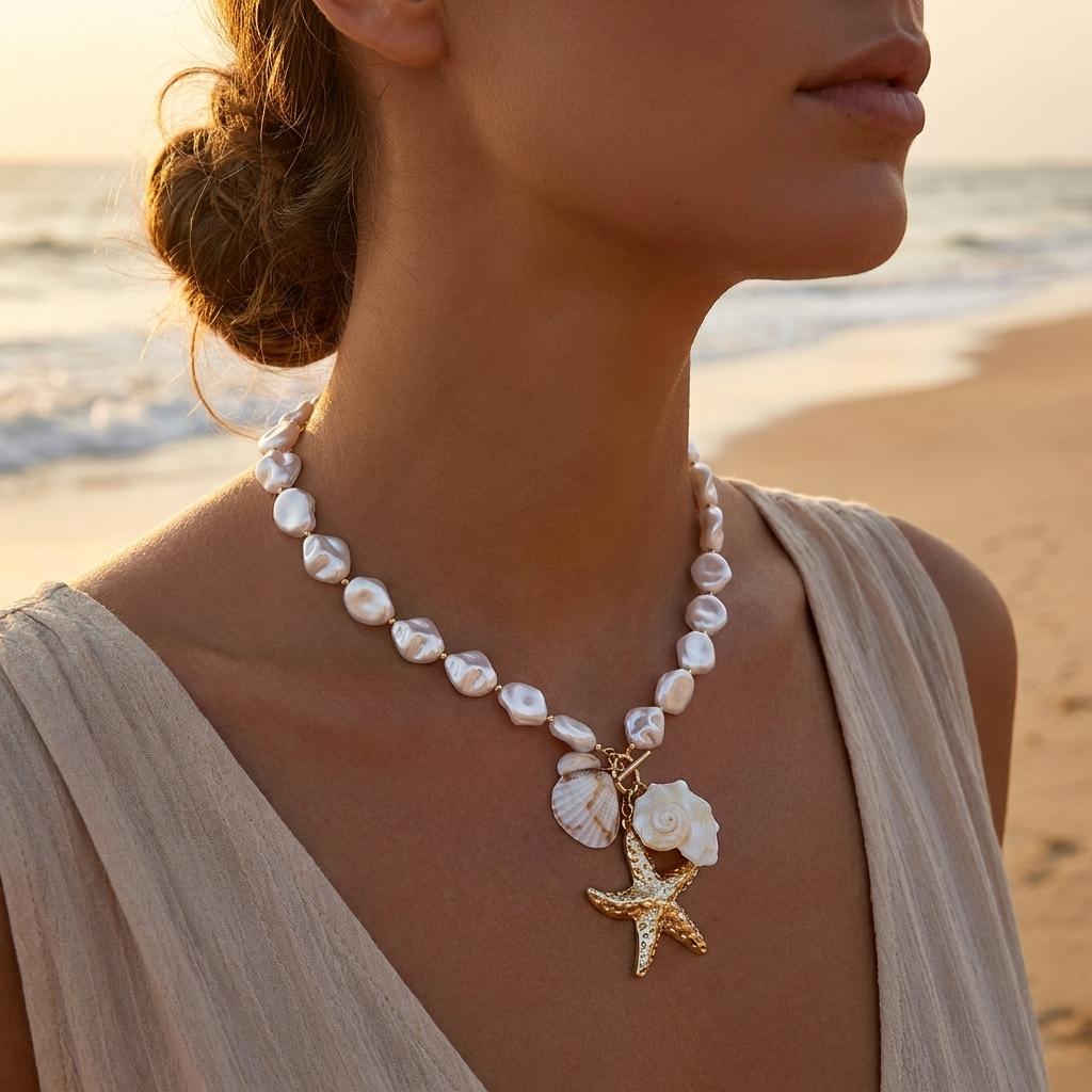 Exaggerated Imitation Pearl Conch Pendant Necklace for Women Boho Shell Starfish OT Toggle Clasp Choker Chain Party Jewelry Gift