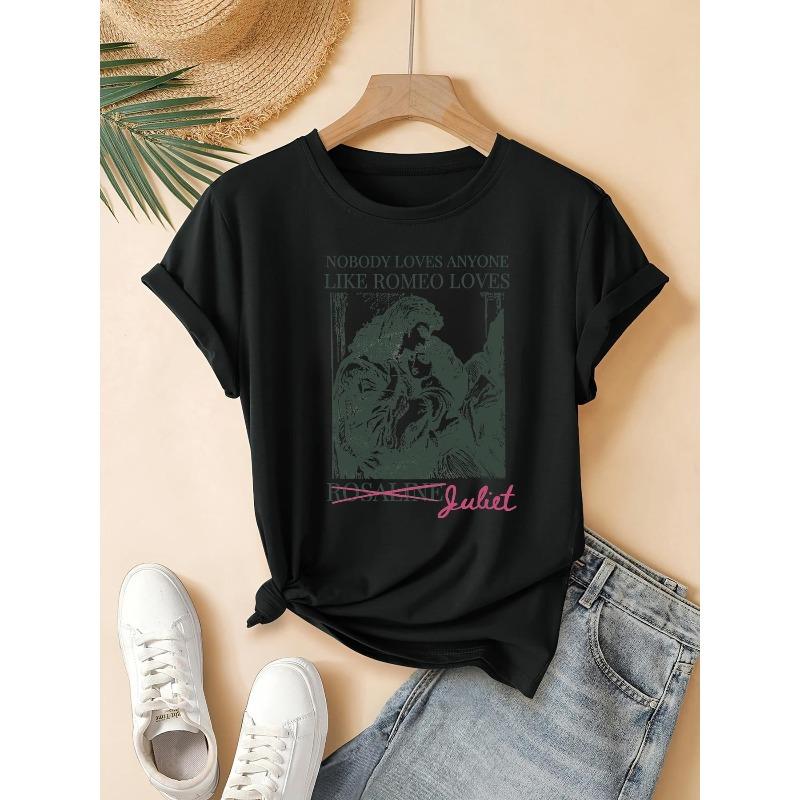 

European sizes 2026 Summer New Elegant Fashion Casual T-Shirt with Romeo and Juliet Pattern | Regular Length, Crew Neck, Drawing Style 4XL чорний