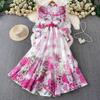 French beautiful chiffon printed lotus leaf edge round neck long dress women's spring and autumn straps waist pendulum elegant dress fairy