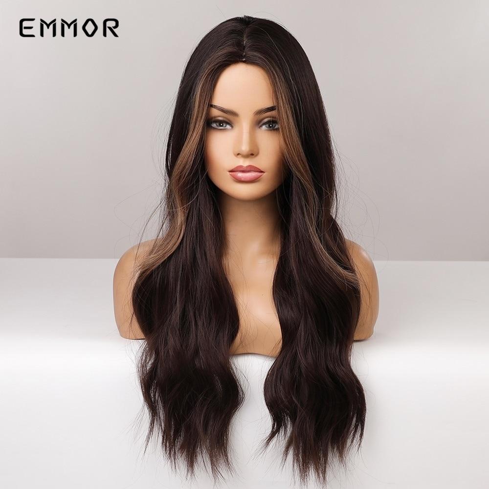 Dlouhé vlnité vlasy Typ Paruky pro ženy Tmavě hnědé s blond odlesky Cosplay Party Fashion Typ Paruka