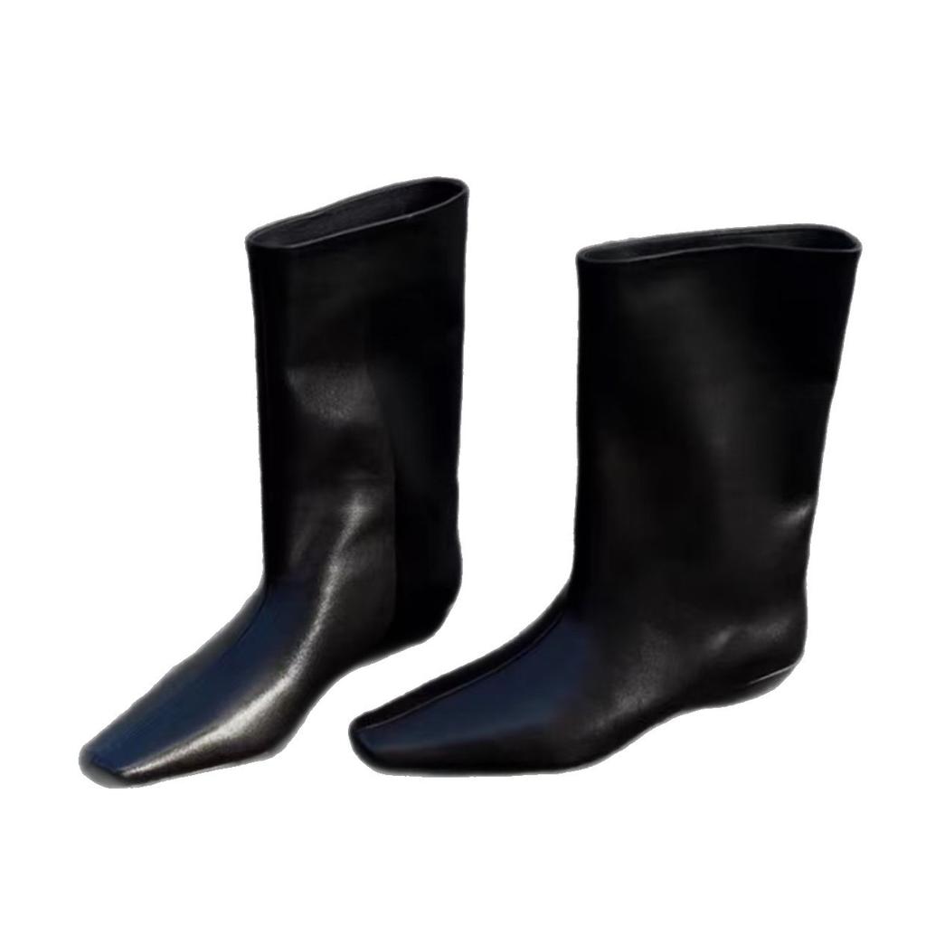 French and Simple~! Leather Small Square Head Bevel Heel Wide Mouth Boots Wide Tube Circumtire Cowhide Boots Women